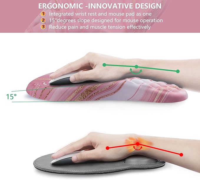 Mouse Pad Wrist Support, Ergonomic Mouse Pad with Wrist Rest, Comfortable Computer Mouse Pad for Laptop, Pain Relief Mousepad with Non-Slip PU Base Pink