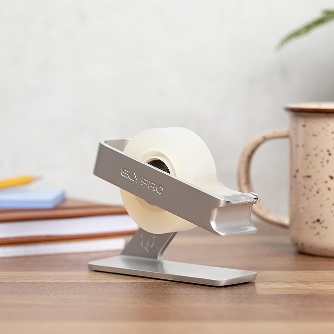 ELYPRO Modern Tape Dispenser for Office Desk - Elegant and Minimalist Design, Heavy Metal Made, Space-Saving, Perfect for Office & Home Use or as a Stylish Gift - Bonus Tape Roll Included (Silver)