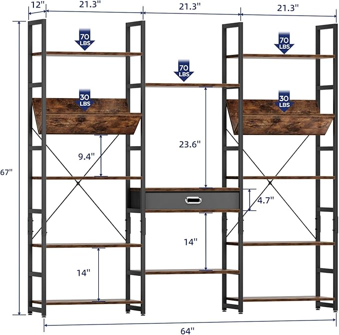 NUMENN Bookcases and Bookshelves Triple Wide 5 Tier Bookshelf, Large Etagere Bookshelf with Storage Drawer, Adjustable Open Display Shelves for Living Room Bedroom Home Office, Vintage Brown