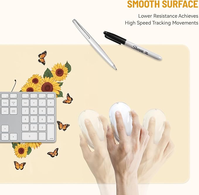 Mousepad Desk Mat Gaming Large Keyboard Cute Office Desktop Computer Laptop XXL Long Big Kawaii Aesthetic Girly Pretty Design Women Girl Gamer Oversized Wide 30x12'', Sunflower Butterfly