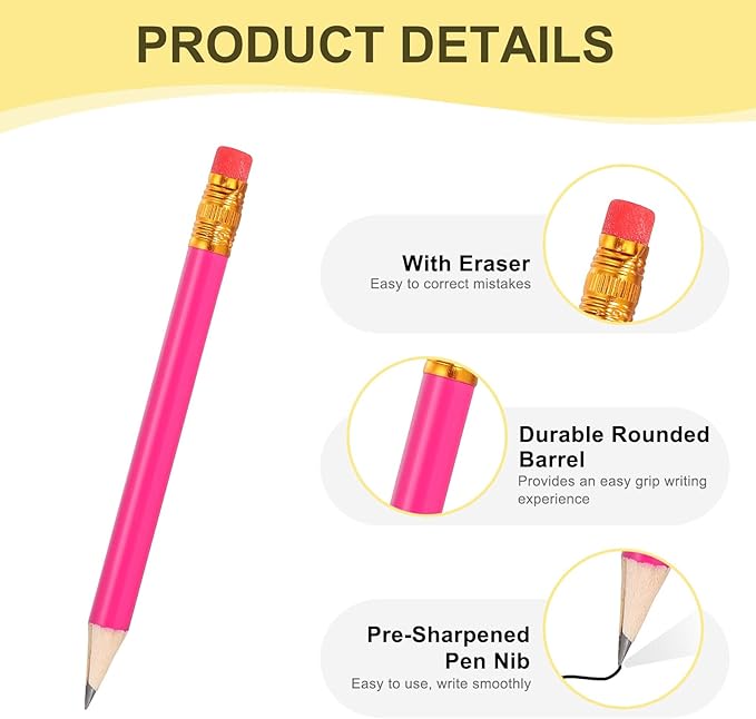 MECCANIXITY Golf Pencils with Erasers, 4" HB Mini Half Pencils Pre Sharpened Small Pens for Wedding Bridal Shower Game Office Writing Drawing(Rose Red, Pack of 20)