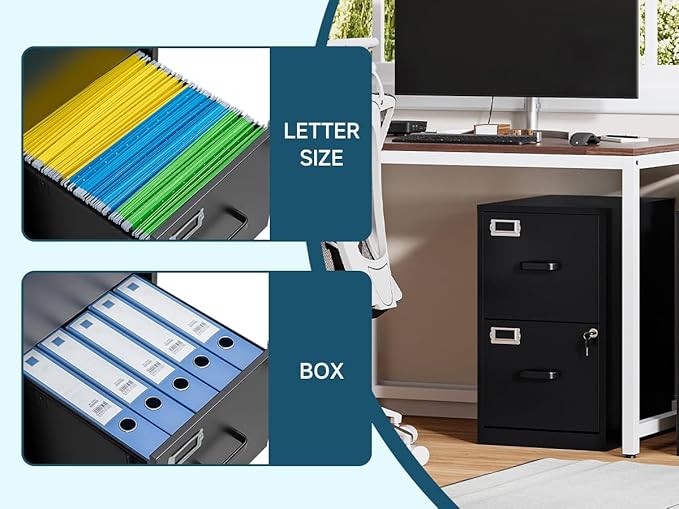 MIIIKO 2 Drawer Filing Cabinet with Lock, Metal Vertical File Cabinets for Home Office, Lockable File Storage Cabinets Under Desk, Letter/A4 File Folders Storage(Assembly Required)