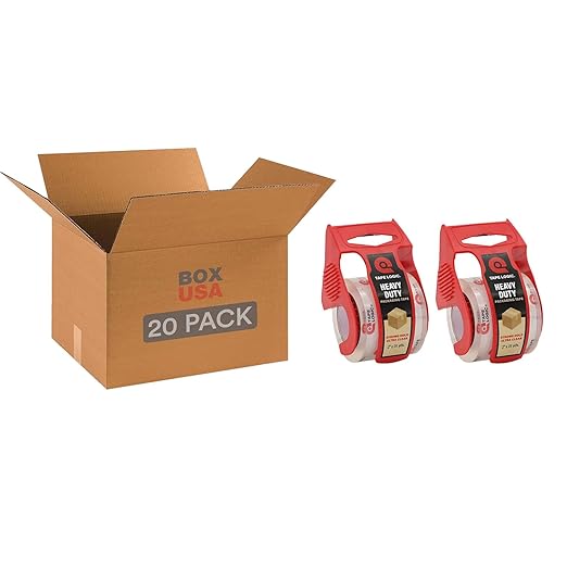 BOX USA Moving Boxes Medium 18"L x 14"W x 12"H (20-Pack) & 2 Heavy Duty 2in x 25yd Clear Packaging Tape with Dispensers | For Shipping, Mailing, Packing, Packaging and Storage