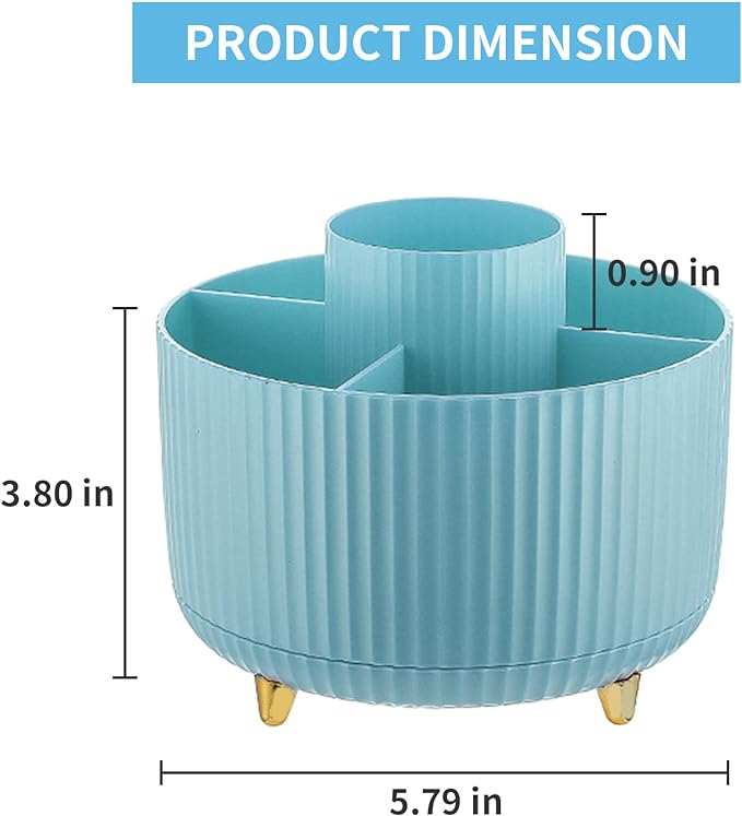 Marbrasse Desk Organizer, 360-Degree Rotating Pen Holder for Desk, Desk Organizers and Accessories with 5 Compartments Pencil Organizer, Art Supply Storage Box Caddy for Office, Home （Light Blue）