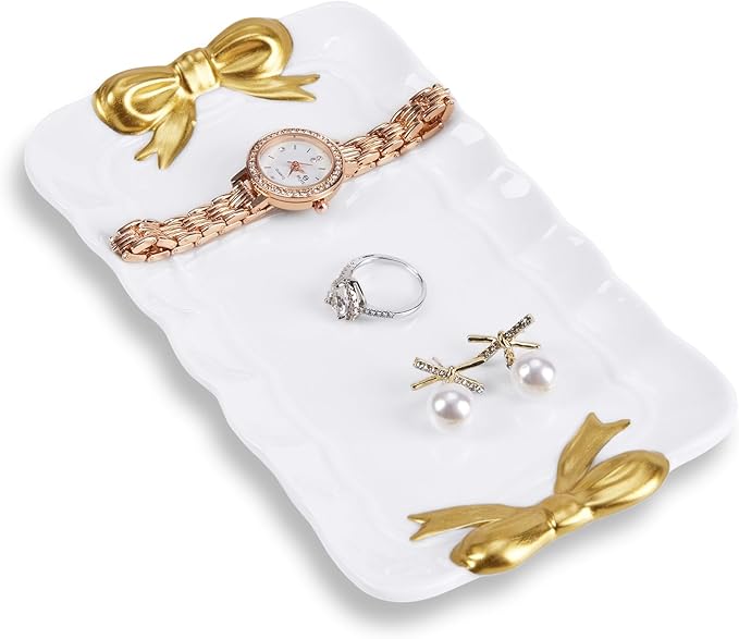 Bow Jewelry Tray Ceramic Trinket Dish for Rings Earrings Necklaces Bracelet Watch Keys, Ring Dish Plate Key Bowl Room Decor Aesthetic Vanity Perfume Tray, Gifts for Women, 6.69"