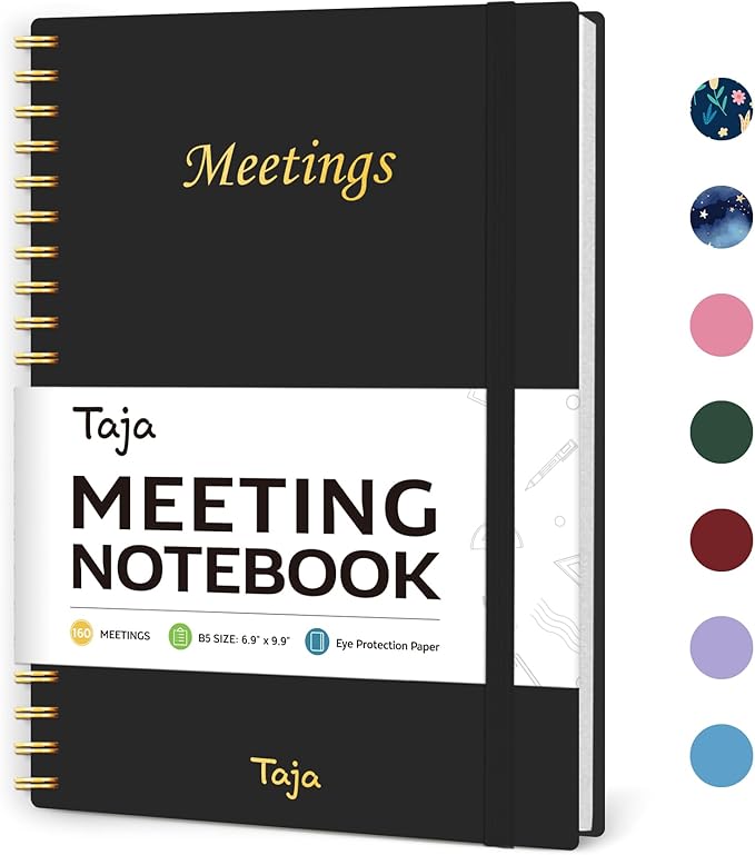 Meeting Notebook For Work Organization - Work Notebook With Action Items, Agenda Planner For Note Taking, 160Pages (6.9" X 9.9") Project Planner For Men & Women - Black