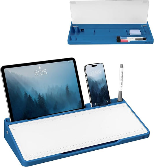 LOUKIN Glass Desktop Whiteboard, 15.3" x 5.6" Desktop Dry Erase Board with Dotted and Graduated Surface, Desktop Buddy, Great for Design and Drawing, 3 Markers and 1 Dry Erase Eraser Included (Blue)