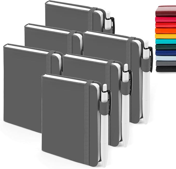 feela 6 Pack Pocket Mini Notebooks Bulk, Small Cute Memo Notepads Hardcover College Ruled Lined Journals with Pen Holder for School Business Work, with 6 Black Pens, 3.5”x 5.5”, A6, Gray