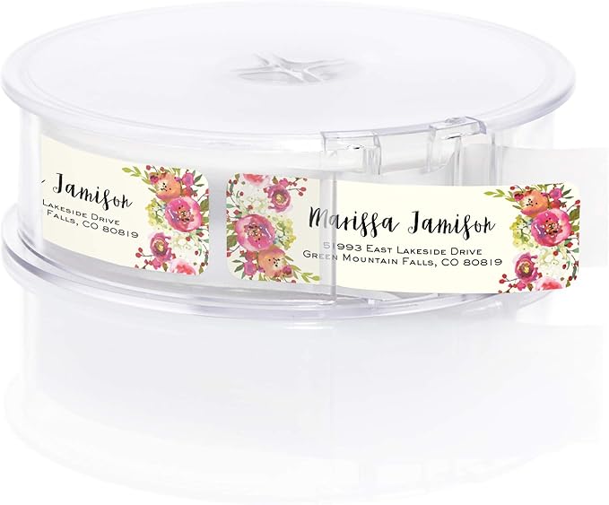 Vibrant Floral and Ivory Rolled Address Labels/Roll of 500 Personalized Address Labels/Designer Return Address Stickers in Elegant Plastic Dispenser