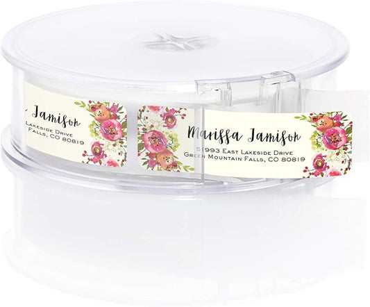 Vibrant Floral and Ivory Rolled Address Labels/Roll of 500 Personalized Address Labels/Designer Return Address Stickers in Elegant Plastic Dispenser