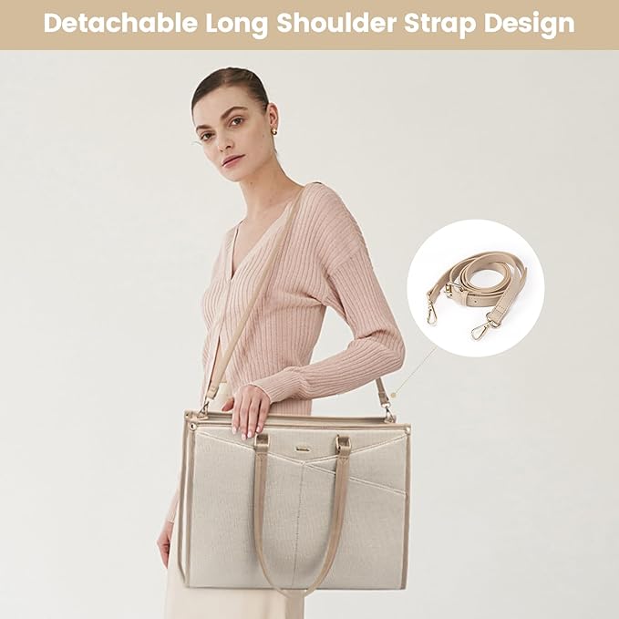 LOVEVOOK Laptop Bag for Women, 15.6 inch Laptop Tote Work Teacher Bags Cancas Computer Shoulder Bag,Canvas/Apricot Beige