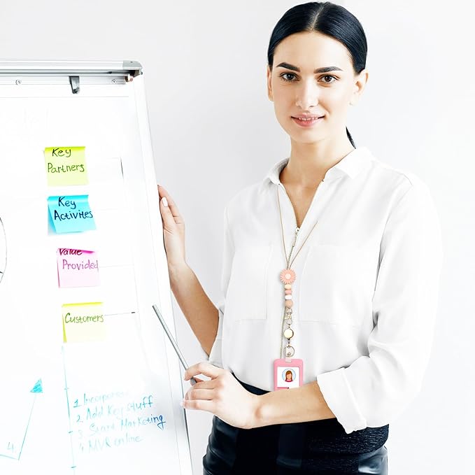 Colorful ID Badge Holder with Silicone Beads Lanyard Set,Cute Teacher Breakaway Lanyard for Keys & Keychain with Cute Retractable Badge Reel Holder,Gift for Women,Nurse, Teacher. (Pink Daisy)