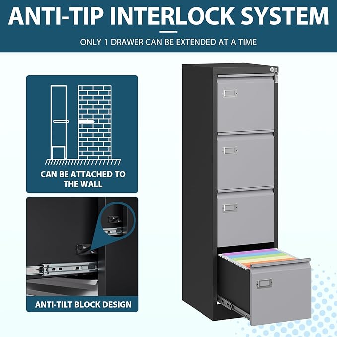 MIIIKO 4 Drawer File Cabinet, Metal Vertical Filing Cabinets with Lock, Home Office File Folders Storage Cabinet for Letter Legal A4 File Size