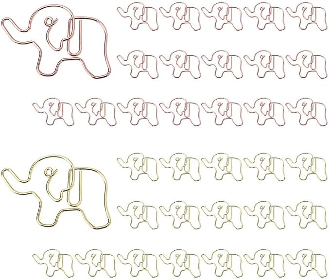 OWLFAVO 36pcs Elephant Shape Paper Clips with Clear Box, Rose Gold and Yellow Gold, Funny Cute Paperclips Bookmarks Planner Clips for Fun Office Supplies School Gifts Wedding Decoration