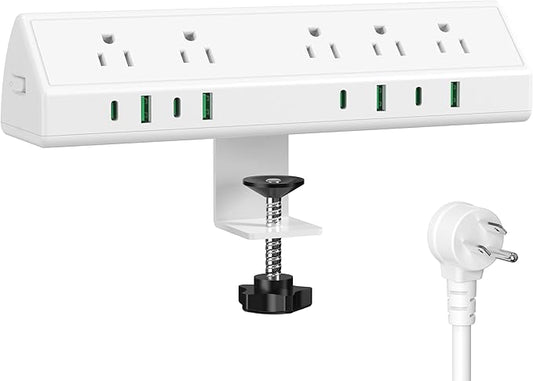 45W Fast Charging Station,Desk Clamp Power Strip,4 PD USB-C Ports,5 AC Outlets,Surge Protector Power Strip, 14AWG Heavy Duty Cord, Fits 1.9" Tabletop Edge (White, 20 FT Cable)