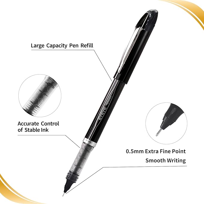 EYEYE Black Pen Roller Ball Needle Tip 0.5mm Quick Dry, 6 Pack Liquid Ink Rollerball Pens Extra Fine Point Smooth Writing Pens for Journaling, Note Taking, Office, School Supplies