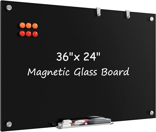 MaxGear Glass White Boards 36x24 Inches, Wall Mounted Magnetic Glass Dry Erase Board Black, Large Frameless Whiteboard with 1 Eraser,3 Markers and 6 Magnets for Office, School, Home