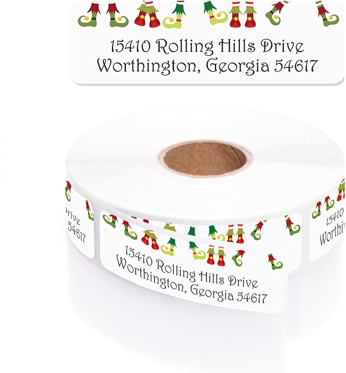 Whimsical Elf Shoes Rolled Address Labels / 250 Personalized Return Address Labels/Designer Address Stickers in Elegant Plastic Dispenser