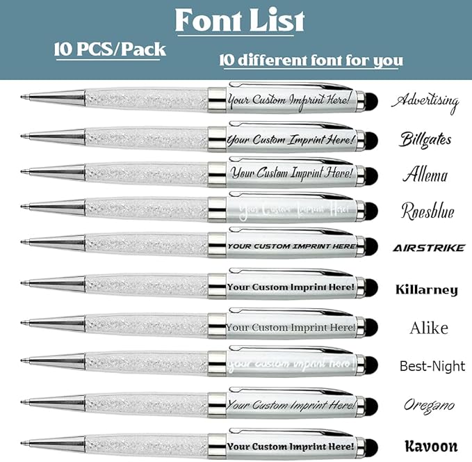 Ancolo Custom Personal Office Pens with Stylus Tip - Quality pens Fine point -Engraved Team Name, Phone Number, Slogan Perfect for Bank, Office, Hotel Lobbies (White) 10PCS/Pack