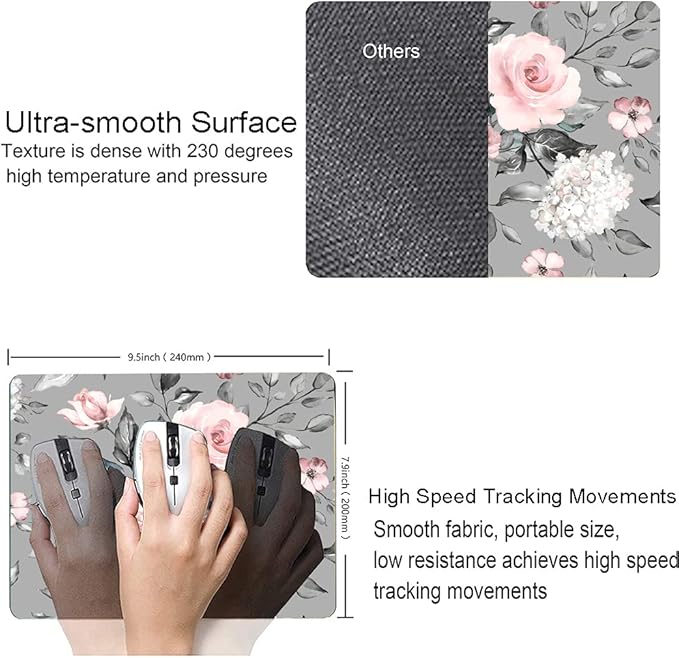 Mouse Pad, Gray Pink Roses Floral Flower Leaves Mouse Pad Rectangle Custom Designs, Waterproof Anti-Slip Rubber Mousepad Office Accessories Desk Decor Wireless Mouse Pads for Computers Laptop