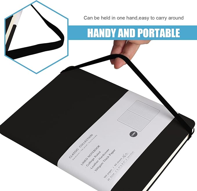 Lined Journal Notebook, (Black), 160 Pages, Medium 5.7 inches x 8 inches - 100 gsm Thick Paper, Hardcover