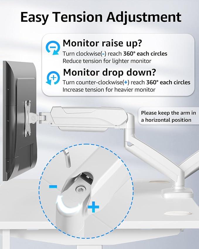 MOUNTUP Dual Monitor Stand for Desk, Gas Spring Monitor Arms for 2 Monitors Max 32 Inches, Height Adjustable Double Monitor Mount, VESA Mount with C-Clamp & Grommet Base, Holds 4.4-17.6lbs, White