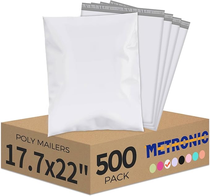 Metronic Poly Mailers 17.7x22 500Pack, Large Shipping Bags for Clothes Bulk,Strong Self Adhesive Shipping Envelopes for Small Business,Waterproof Mailing Envelopes Bulk for Packaging White