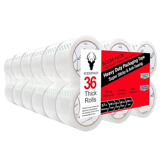 Packing Tape (36 Rolls),2.7mil, Heavy Duty Packaging Tape for Shipping Moving Sealing, 1.88 Inch x 60 yd Per Roll, Total 1080 Yards (36)