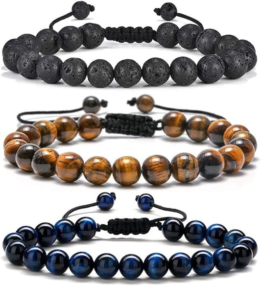 M MOOHAM Natural Stone Bracelets for Men - 8mm Tiger Eye | Matte Agate | Lava Rock Bracelets for Men Teen Boys Gifts Birthday Anniversary Christmas Gifts for Men Teens