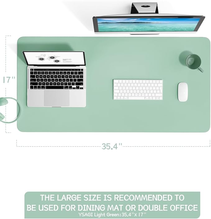 YSAGi Non-Slip Leather Desk Pad L Size, Waterproof Laptop Computer Desk Keyboard Mat, Table Protector Blotter Mat, Large Mouse Pad for Office/Work/Home/Decor(Pale Green, 35.4" x 17")