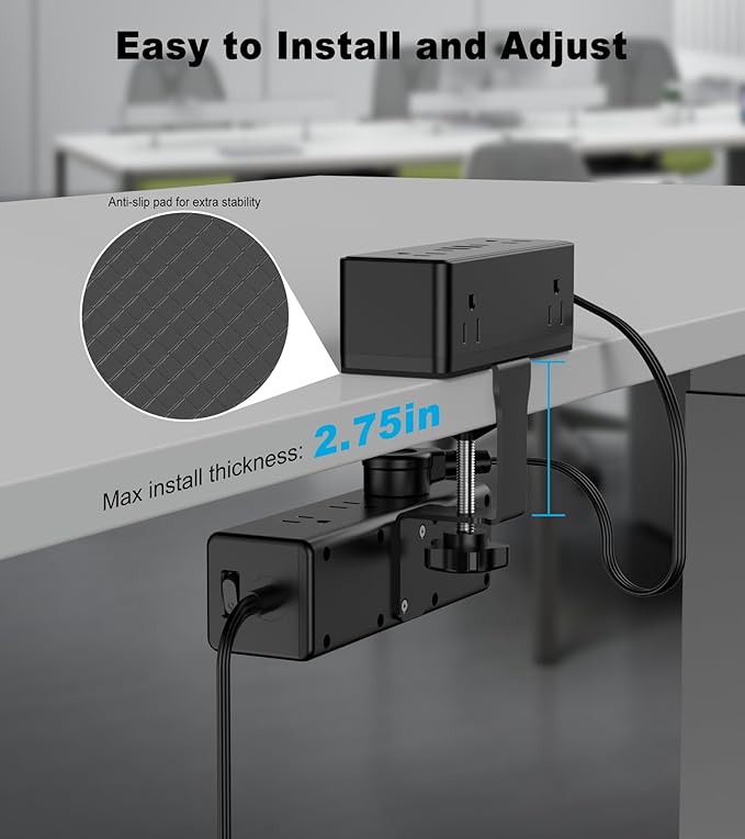 Dual Layer Desk Clamp Power Strip, Under Desk Power Strip with 4 USB Ports(2 USB-C) & 15 AC Outlets, Desk Mount Surge Protector, Ultra Thin Flat Plug & 10FT Power Cord for Office Home(ETL Listed)