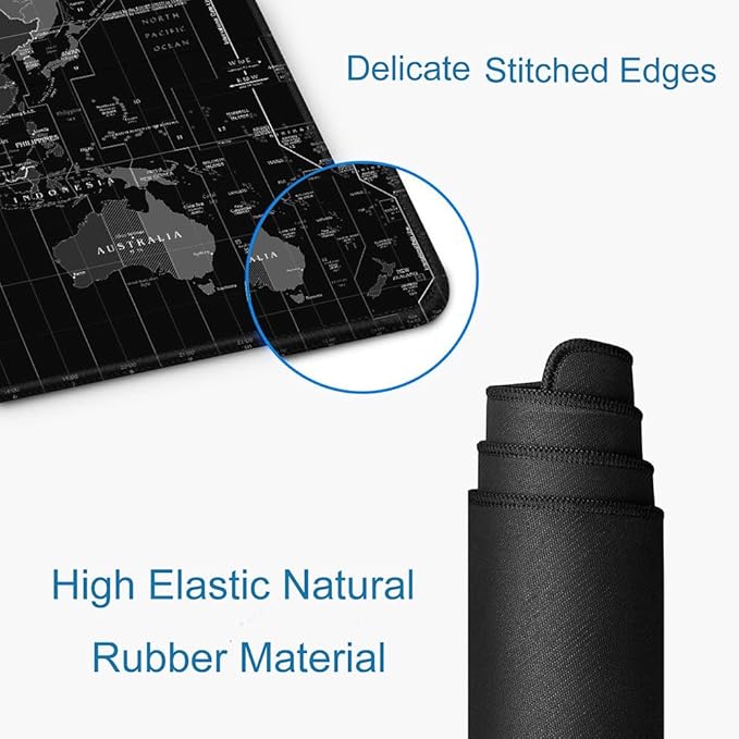 Large Gaming Mouse Pad with Stitched Edges, Desk Mat Extended Keyboard Pad, Non-Slip Rubber Base Desk Pad for Laptop, Office, Home, 31.5X11.8 inch Black World Map