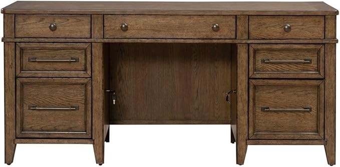 Liberty Furniture Carolina Park Jr Executive Credenza with Keyboard Tray, Locking File Storage for Home Office- Amber Brown Oak Wood