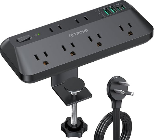 TROND 20W USB C Desk Clamp Power Strip - 1700J Surge Protector with 7 Outlets, Desktop Edge Mount Extension Cord, Fit 1.97" Tabletop, 10FT Flat Plug for Teacher Must Haves, Office, ETL List, Black
