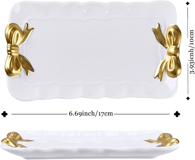 Bow Jewelry Tray Ceramic Trinket Dish for Rings Earrings Necklaces Bracelet Watch Keys, Ring Dish Plate Key Bowl Room Decor Aesthetic Vanity Perfume Tray, Gifts for Women, 6.69"