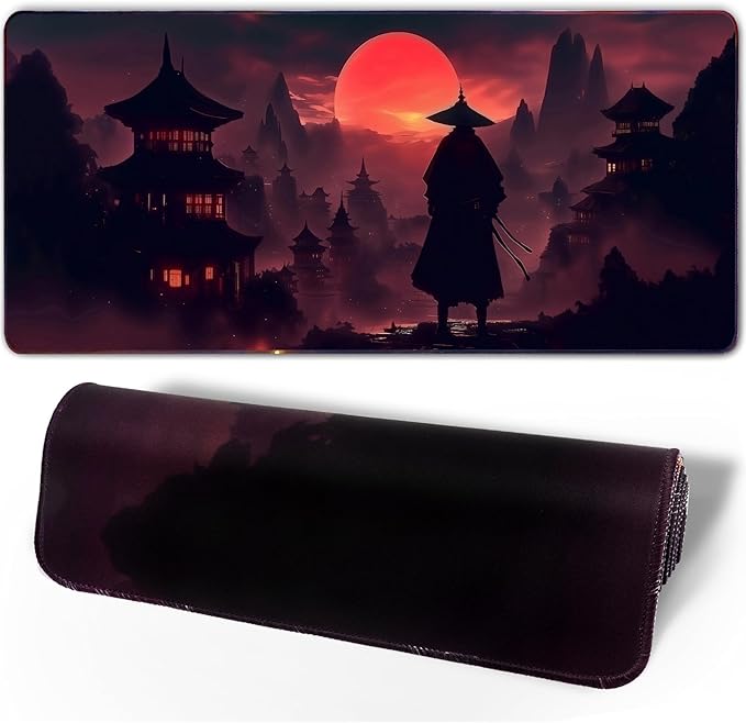 Moonlight Japanese Samurai Mouse Pad Gaming Mousepad Non-Slip Rubber Base Keyboard Pad Desk Mat for Home Office, 31.5 x 11.8 in