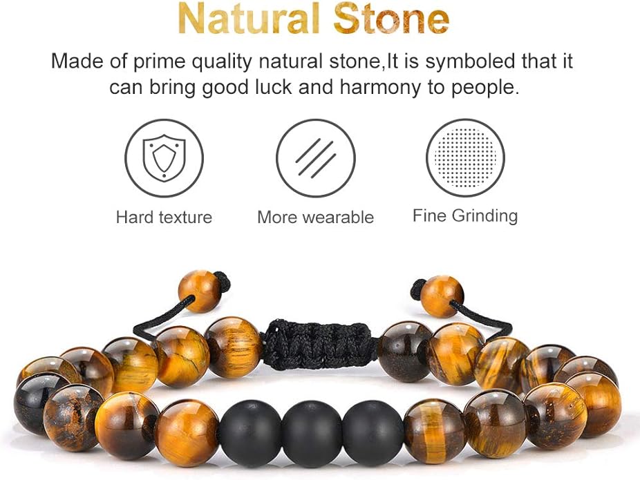 M MOOHAM Natural Stone Bracelets for Men - 8mm Tiger Eye | Matte Agate | Lava Rock Bracelets for Men Teen Boys Gifts Birthday Anniversary Christmas Gifts for Men Teens