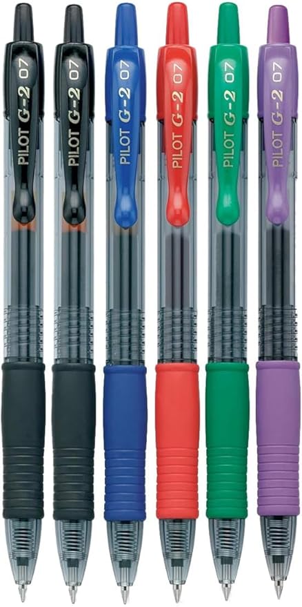 G2 Retractable Premium Gel Ink Roller Ball Pens Fine Point Fine Point (.7mm) Assorted Ink 6-pk; Refillable & Premium Comfort Grip Bundle with Plastic Reusable Pouch