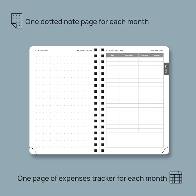 POPRUN Monthly Planner 2026-2027 (Pocket 4.25" x 6.25") 18 Months Calendar (Jan 2026 - Jun 2027) - 4 Pages per Month with Expense & Notes, Leather Cover, Sunday Starts - Pacific Green