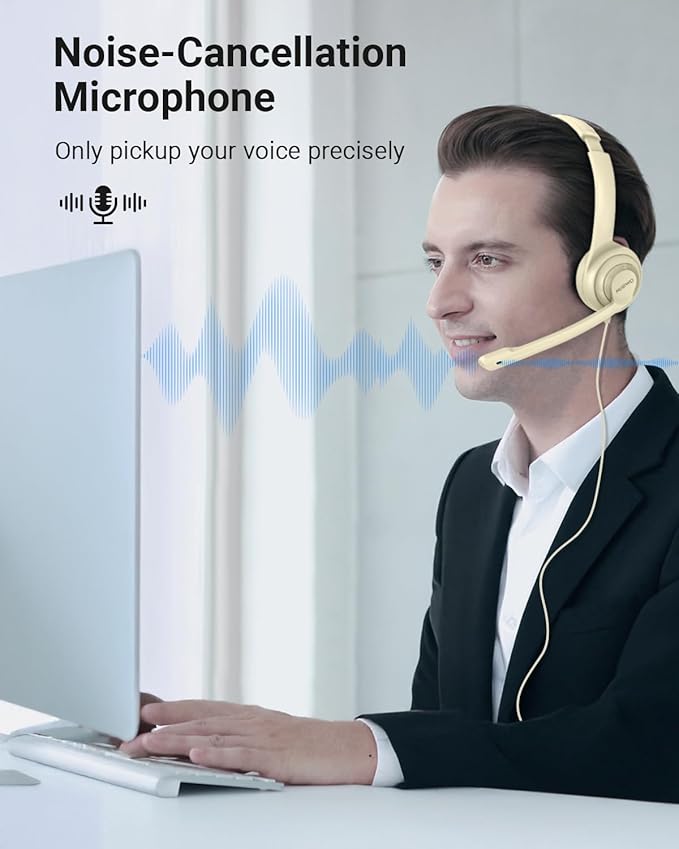 NUBWO HW02 USB Headset with Microphone Noise Cancelling &in-line Control, Ultra Comfort Computer Headset for Laptop pc, On-Ear Wired Office Call Center Headphone for Boom Skype Webinars (Apricot)