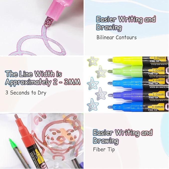 Marker Pen for Highlight, 2026 New Double Line Outline Markers, Metallic Shimmer Glitter Pens Set, Art Supplies for Christmas Greeting Cards, Scrapbook Crafts, Doodling, DIY Art Crafts (18 Colors)