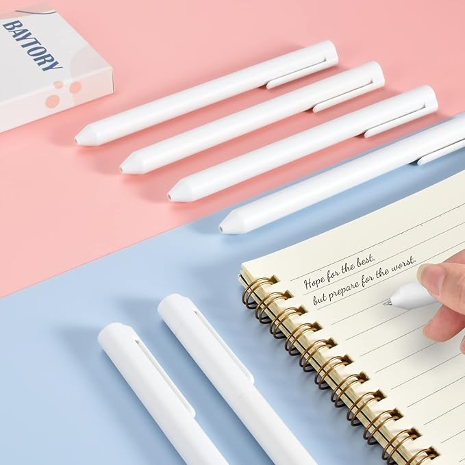 BAYTORY 8Pcs Rotatable Gel Pens, 0.5mm Fine Point Black Ink Pen, Smooth Writing Quick Dry Gel Ink Pens for Journaling Note Taking Sketching (White)