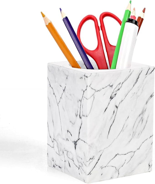 Marble Pencil Pen Holder for Desk, Multi-Functional Pen Cup Pencil Holder for Office School Supplies Storage, Makeup Brush Holder for Home and Office (Cuboid-White)