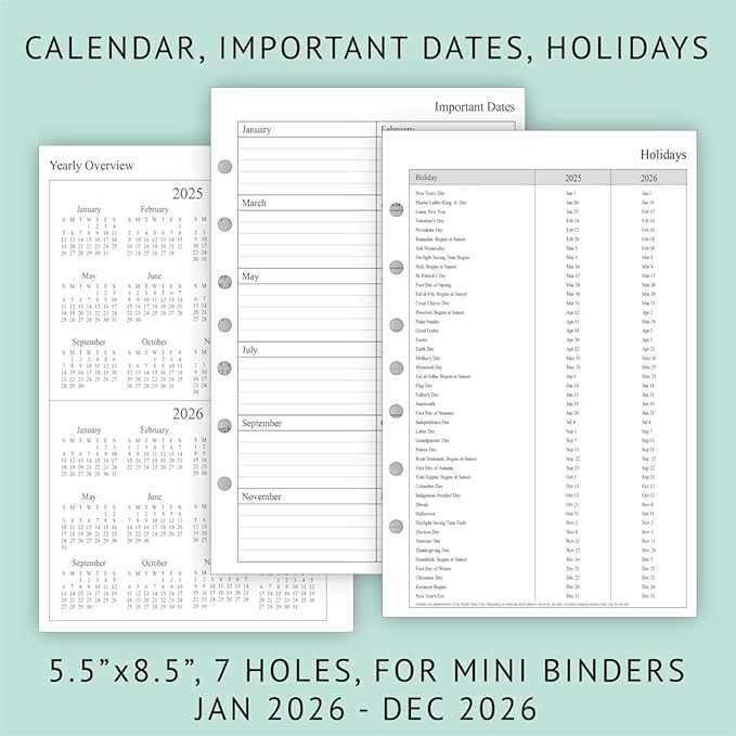 newestor 2026 Weekly & Monthly Planner Refill, 5-1/2" x 8-1/2", Jan 2026 to Dec 2026, 7-Hole Punched for Mini Binders