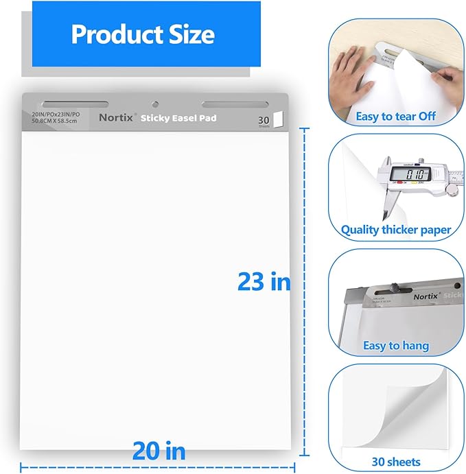 Nortix Sticky Easel Pads, Anchor Chart Paper, Chart Paper for Teachers, Super Adhesive & Bleed-Resistant, 20 x 23 inch, 30 Sheets/Pad, 6 Pads