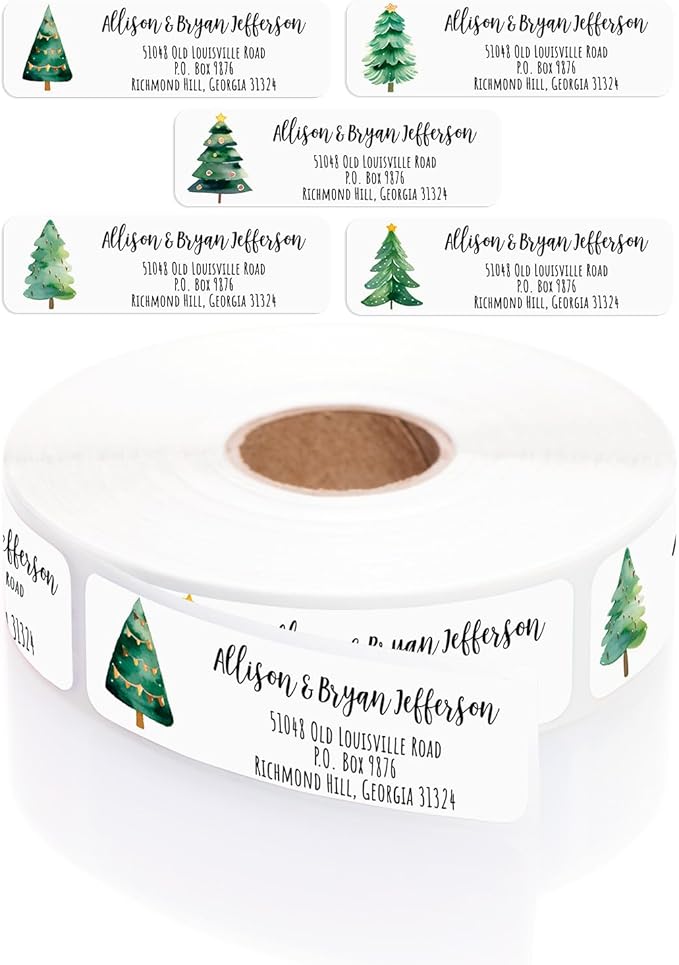 Watercolor Trees Rolled Address Labels / 500 Personalized Return Address Labels/Designer Address Stickers in Elegant Plastic Dispenser