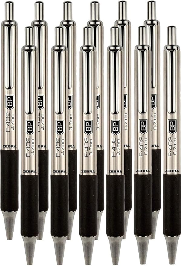 Zebra F-402 Ballpoint Stainless Steel Retractable Pen, Fine Point, 0.7mm, Black Ink, 12-Count Bundle with Plastic Reusable Pouch