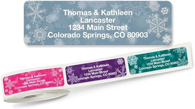 Snowflake Christmas Holiday Rolled Personalized Return Address Mailing Labels with Dispenser, Set of 500, 5 Designs, Small ¾ x 2½ Inch Size, Custom Self-Adhesive Sticker Roll, by Colorful Images