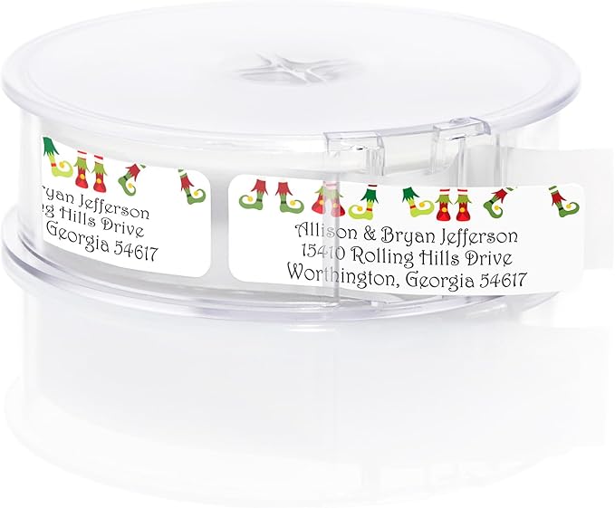 Whimsical Elf Shoes Rolled Address Labels / 500 Personalized Return Address Labels/Designer Address Stickers in Elegant Plastic Dispenser