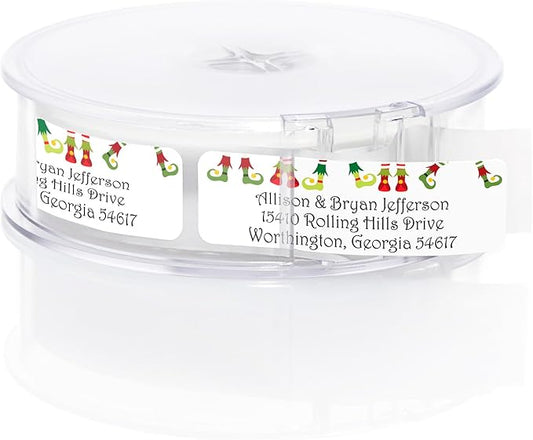 Whimsical Elf Shoes Rolled Address Labels / 500 Personalized Return Address Labels/Designer Address Stickers in Elegant Plastic Dispenser
